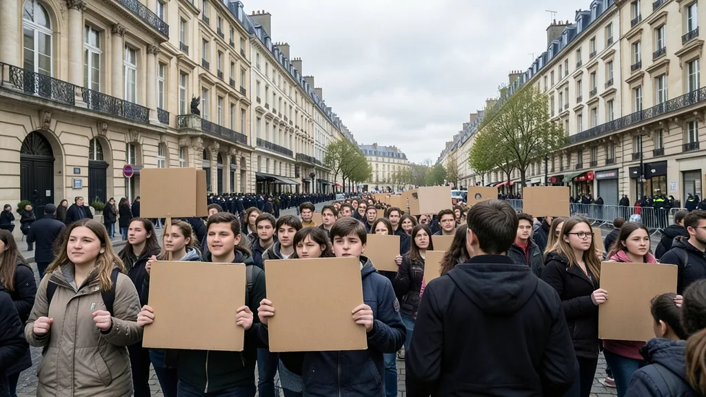 Imagem gerada por IA: Estudantes protestam diante de uma escola pública na França.
