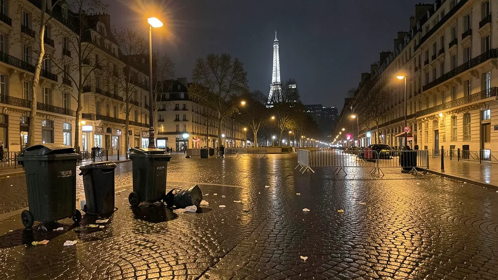 Imagem gerada por IA: Rua de Paris à noite com barreiras policiais e objetos espalhados após protestos.