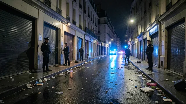 Imagem gerada por IA: Policiais patrulham uma rua de Paris à noite, com lojas fechadas após episódios de violência.