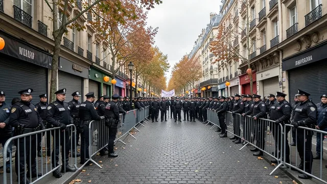 Imagem gerada por IA: Policiais e barreiras de segurança em uma rua de Paris antes de uma manifestação.