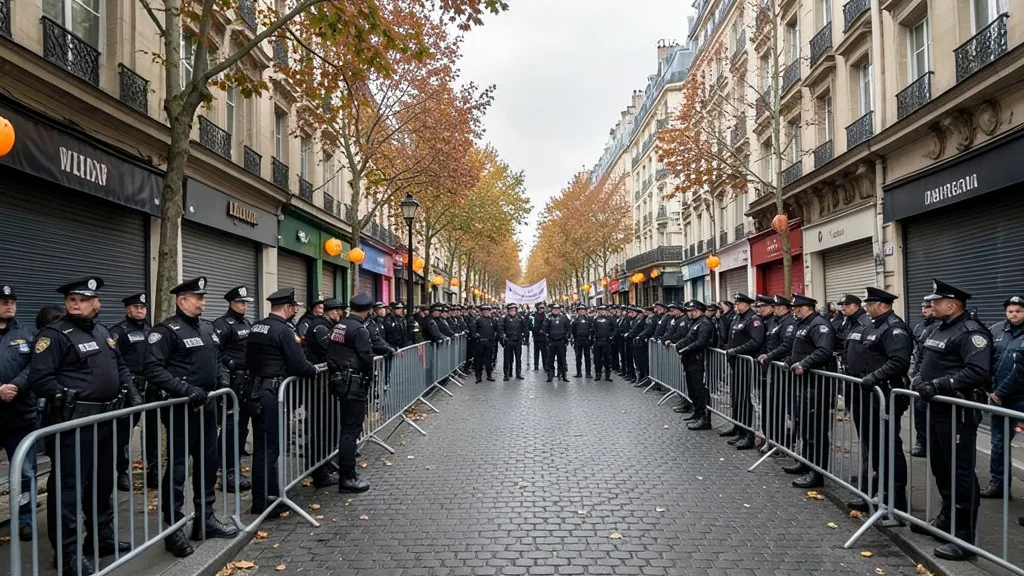 Imagem gerada por IA: Policiais e barreiras de segurança em uma rua de Paris antes de uma manifestação.