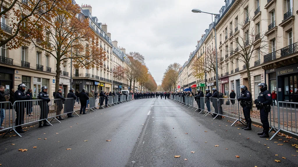 Imagem gerada por IA: Policiais franceses se posicionam atrás de barreiras enquanto manifestantes se reúnem em uma avenida.
