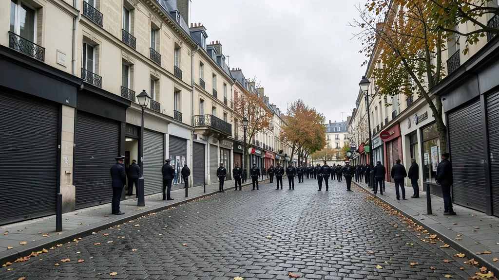 Imagem gerada por IA: Policiais em uma avenida francesa com lojas fechadas antes de manifestações.
