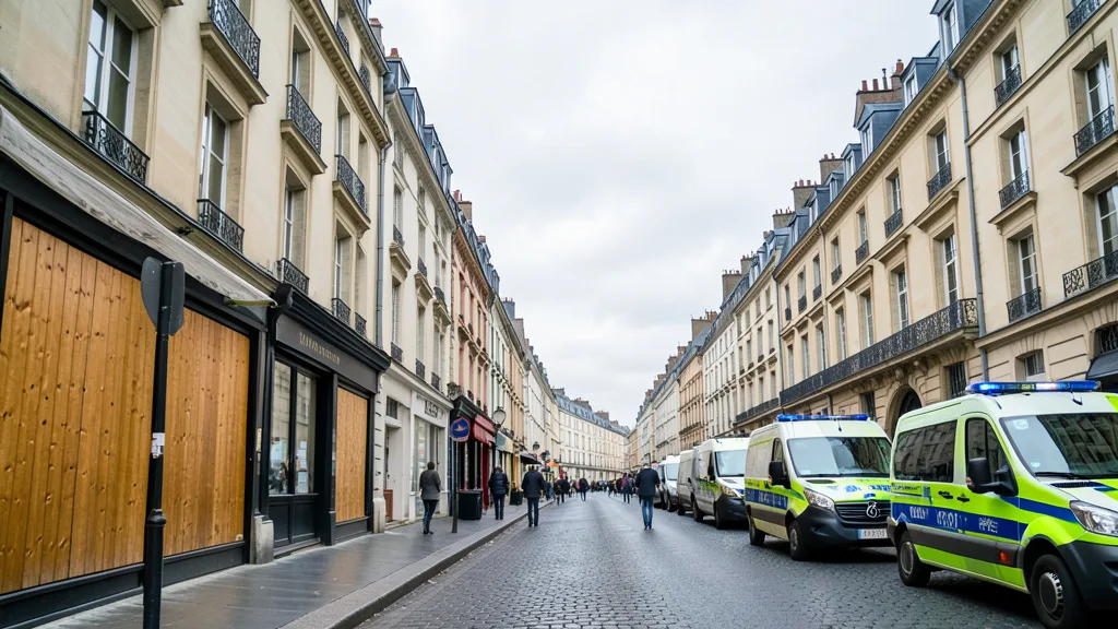 Imagem gerada por IA: Lojas com vitrines protegidas por tábuas e veículos policiais em uma rua francesa.