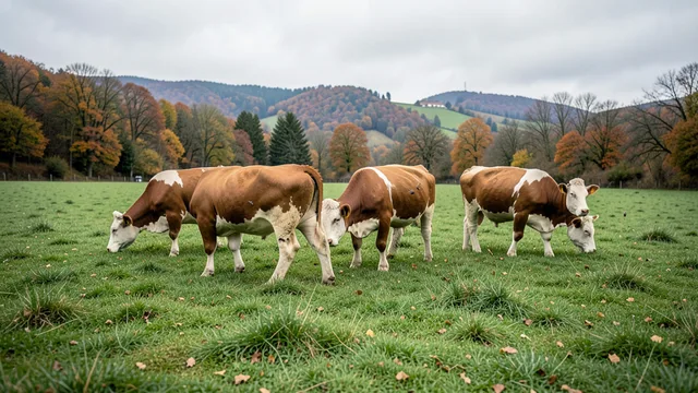 Imagem gerada por IA: Bovinos em um pasto na França, em referência à circulação animal do vírus Shamonda.