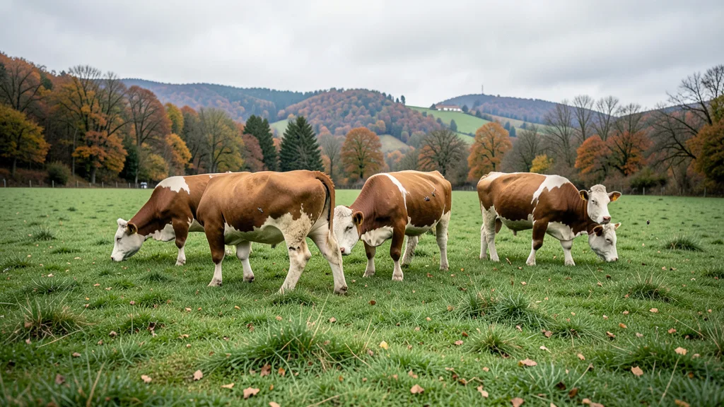 Imagem gerada por IA: Bovinos em um pasto na França, em referência à circulação animal do vírus Shamonda.