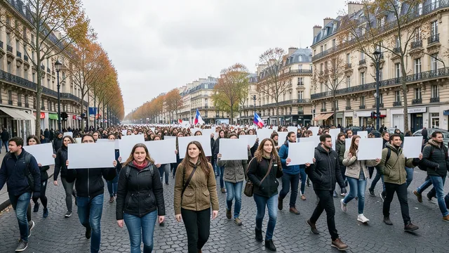 Imagem gerada por IA: Manifestantes caminham por uma rua de Paris durante um protesto liderado por estudantes.