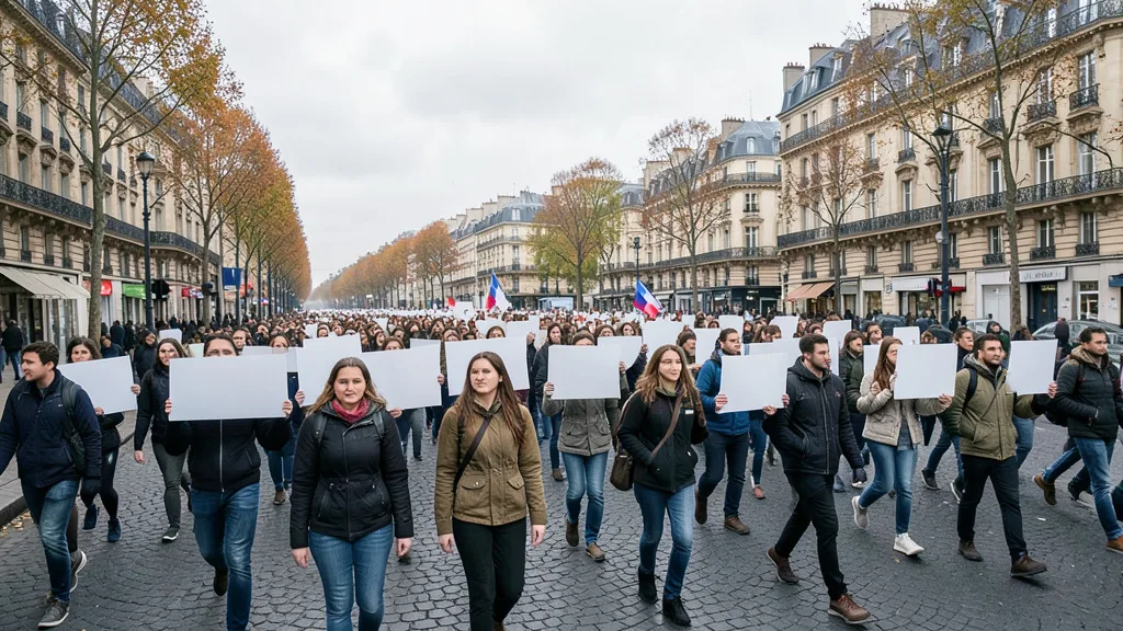 Imagem gerada por IA: Manifestantes caminham por uma rua de Paris durante um protesto liderado por estudantes.