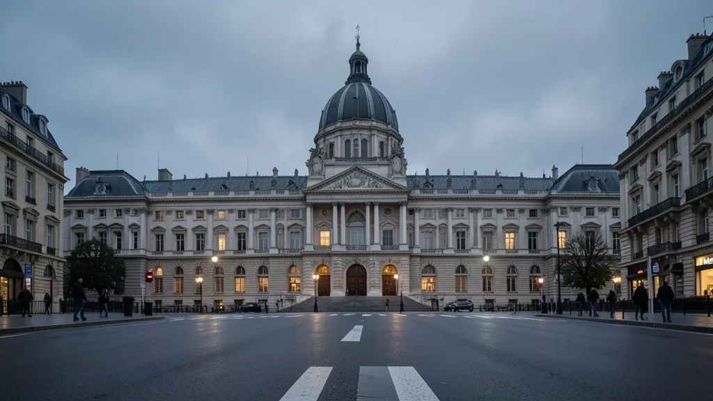 Imagem gerada por IA: Prédio da Assembleia Nacional da França em Paris sob céu nublado.