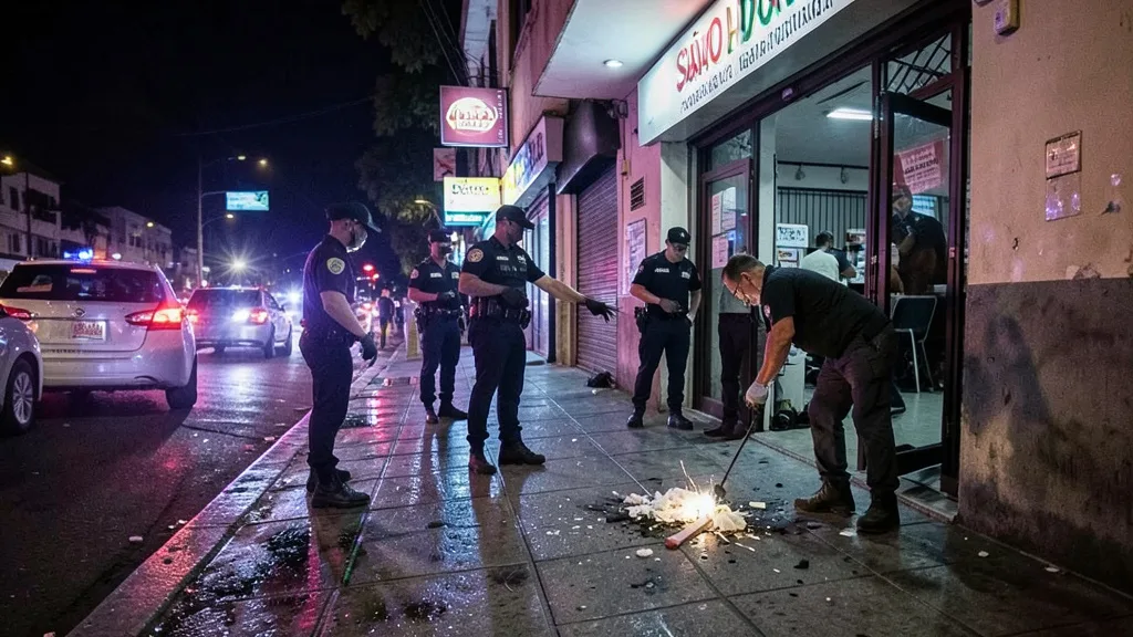 Imagem gerada por IA: Policiais e perito examinam a entrada de uma casa noturna após um disparo.