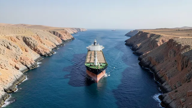 Imagem gerada por IA: Petroleiro navega por uma passagem marítima estreita entre costas áridas.