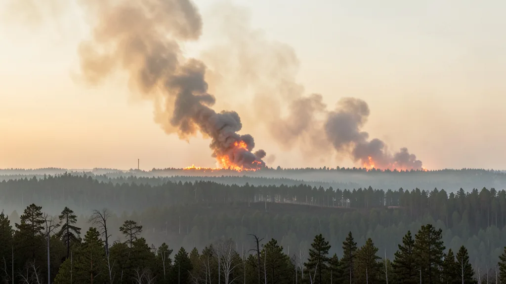 Imagem gerada por IA: Fumaça de incêndio florestal se espalha sobre uma paisagem distante.