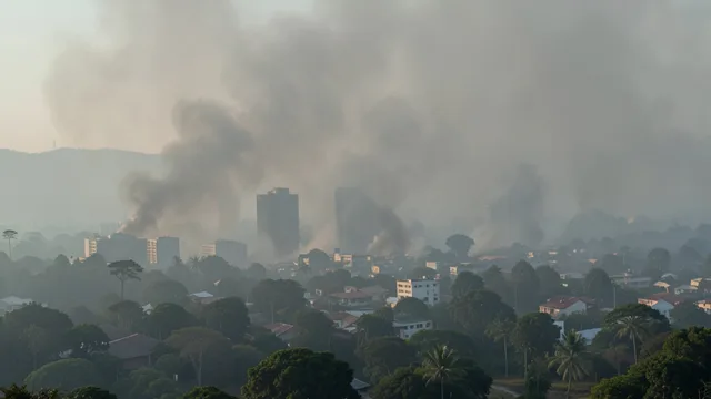 Imagem gerada por IA: Manaus sob uma camada de fumaça que encobre parcialmente a cidade e a floresta ao redor.