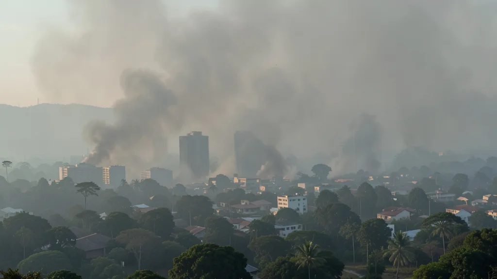Imagem gerada por IA: Manaus sob uma camada de fumaça que encobre parcialmente a cidade e a floresta ao redor.