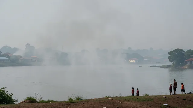 Imagem gerada por IA: Fumaça encobre o horizonte sobre o Rio Madeira, em Porto Velho.