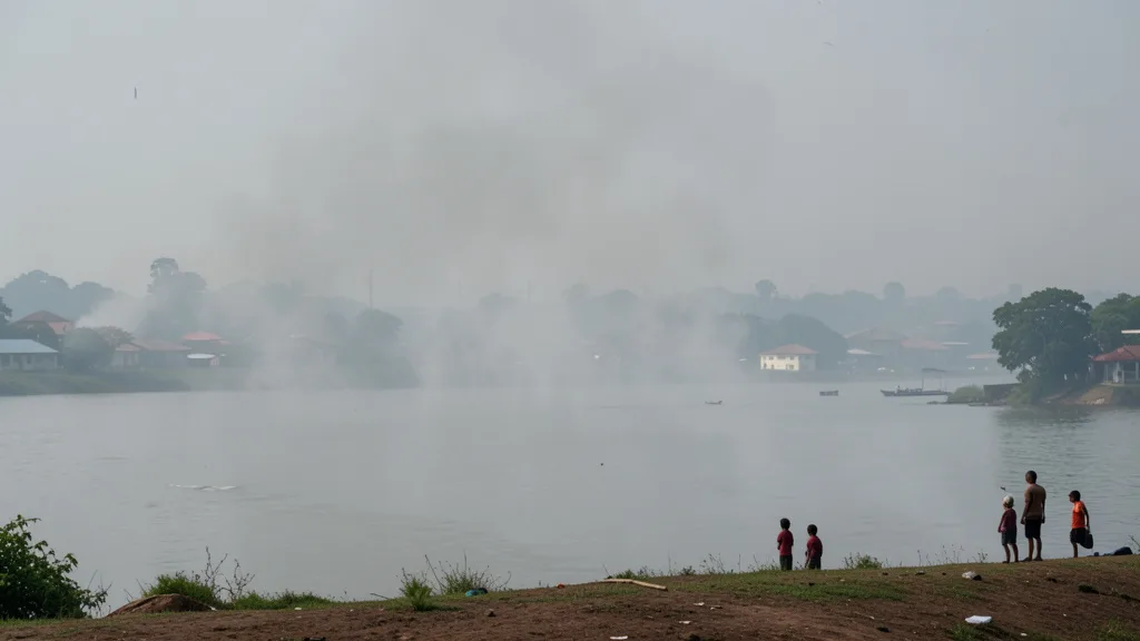 Imagem gerada por IA: Fumaça encobre o horizonte sobre o Rio Madeira, em Porto Velho.