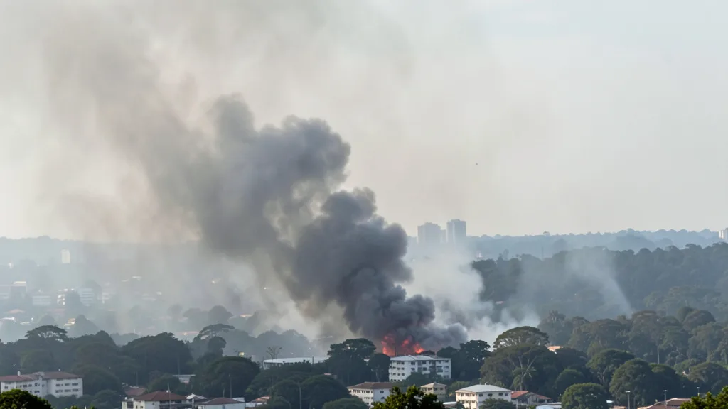 Imagem gerada por IA: Fumaça densa encobre parte do horizonte urbano de Manaus.