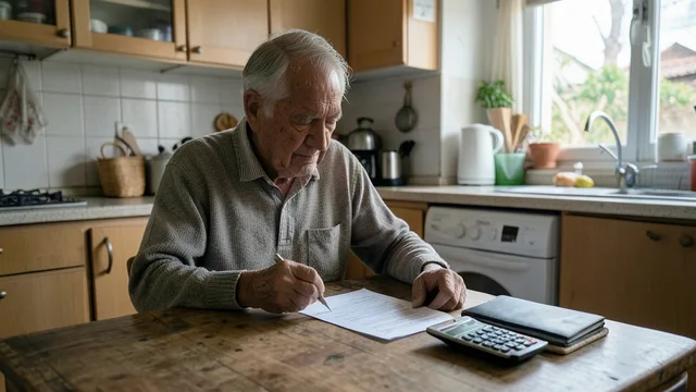 Imagem gerada por IA: Aposentado chileno analisa documentos previdenciários à mesa.
