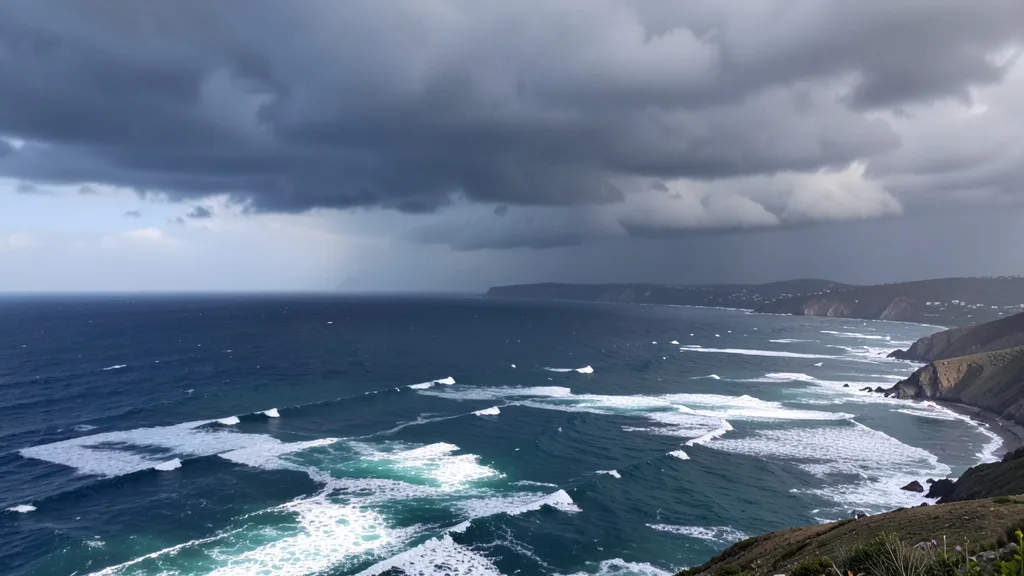 Nuvens de tempestade e ondas fortes diante do litoral da Baixa Califórnia do Sul, no México.