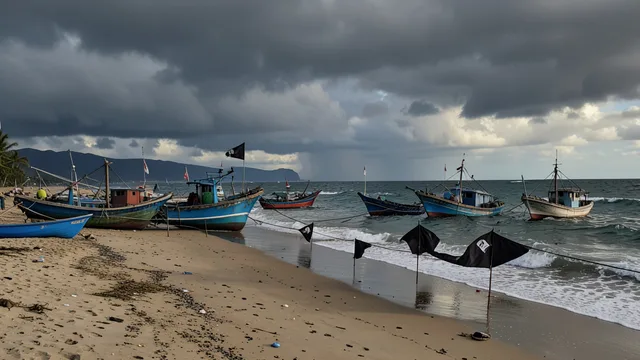 Imagem gerada por IA: Barcos são retirados de uma praia mexicana sob nuvens escuras e bandeiras de alerta.