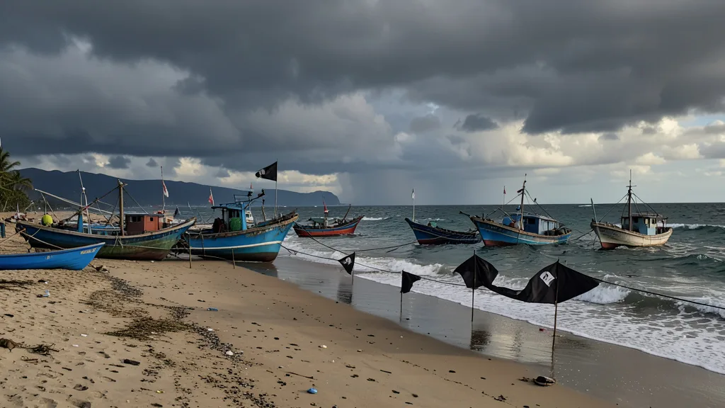 Imagem gerada por IA: Barcos são retirados de uma praia mexicana sob nuvens escuras e bandeiras de alerta.