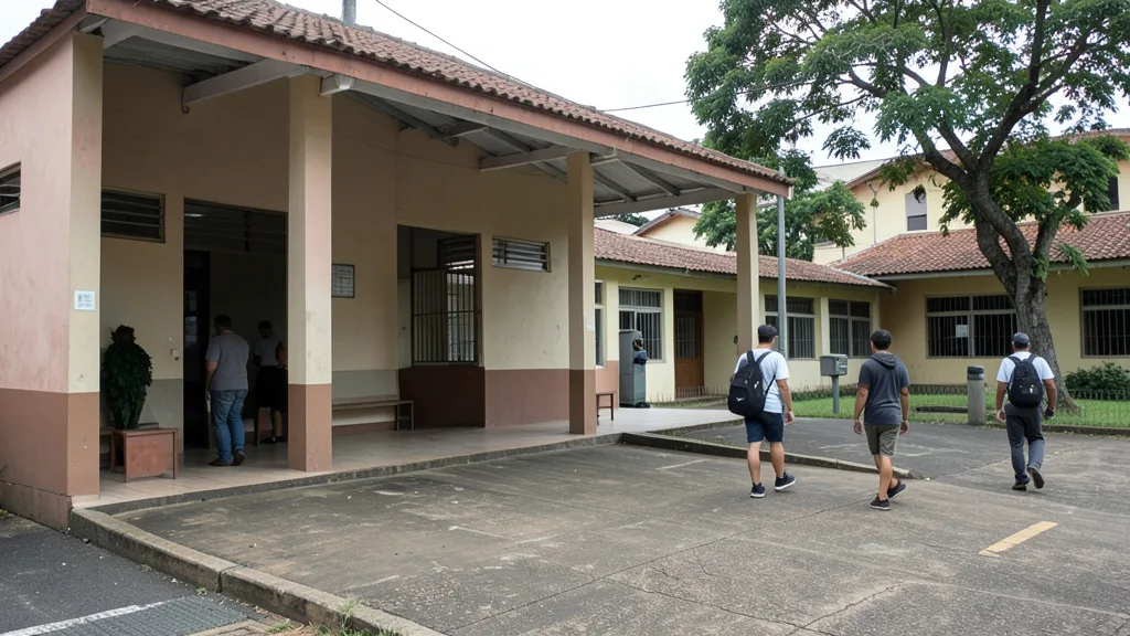Imagem gerada por IA: Entrada de um campus universitário com estudantes ao fundo e presença discreta de segurança.