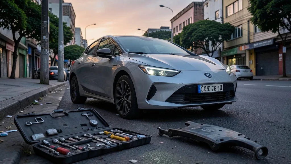 Imagem gerada por IA: Carro elétrico estacionado em uma rua urbana, com uma peça automotiva em primeiro plano.