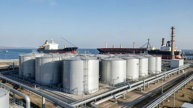 Tanques de armazenamento de combustíveis em um terminal portuário, com navio e tubulações ao fundo.