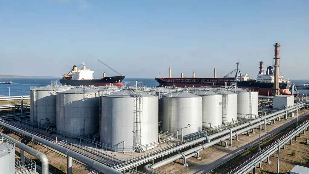 Tanques de armazenamento de combustíveis em um terminal portuário, com navio e tubulações ao fundo.