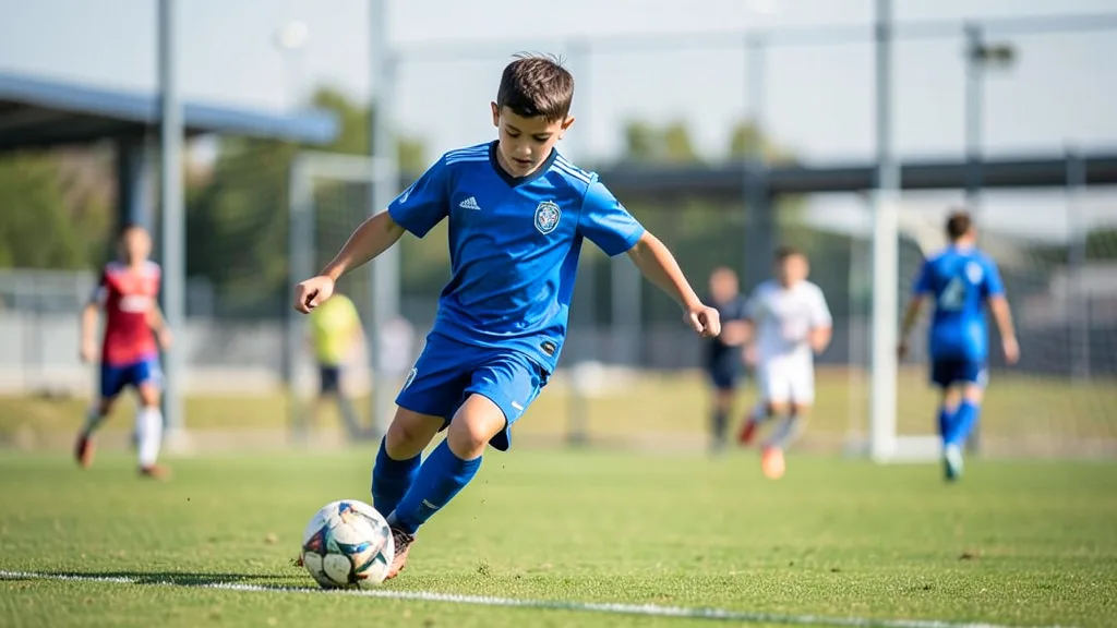 Imagem gerada por IA: Jogador jovem conduz a bola pela lateral durante uma partida de futebol.