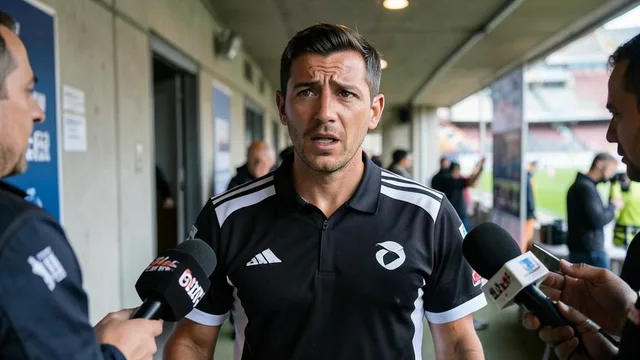 Imagem gerada por IA: Jogador de futebol dá entrevista emocionado em uma zona mista após uma partida.