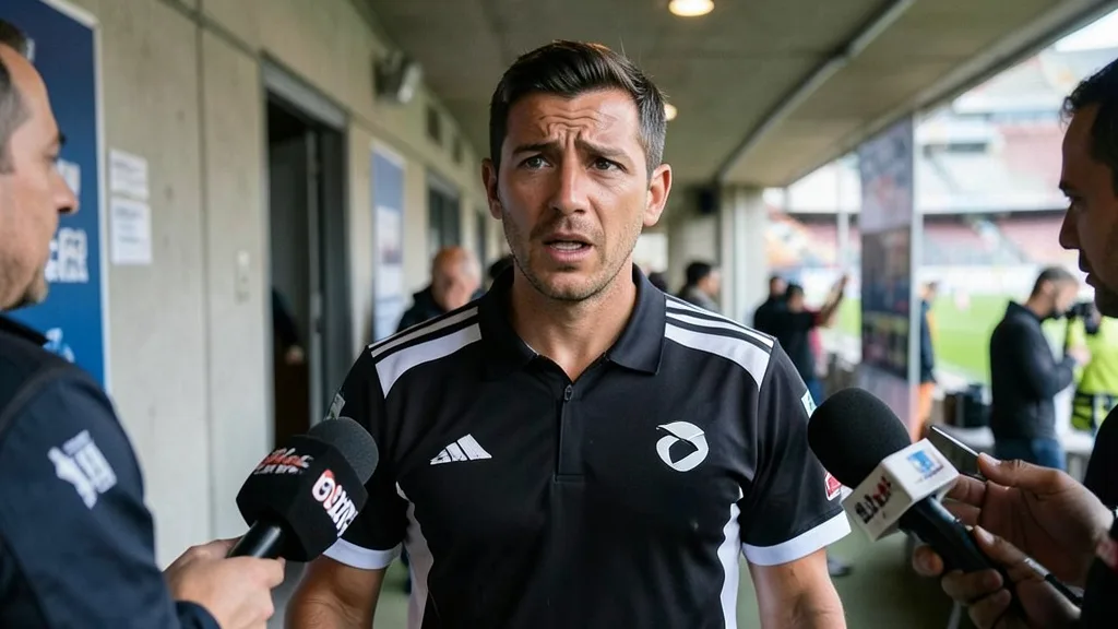 Imagem gerada por IA: Jogador de futebol dá entrevista emocionado em uma zona mista após uma partida.