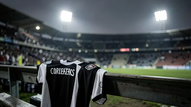 Imagem gerada por IA: Camisa preta e branca sobre um banco em um estádio vazio após uma partida.