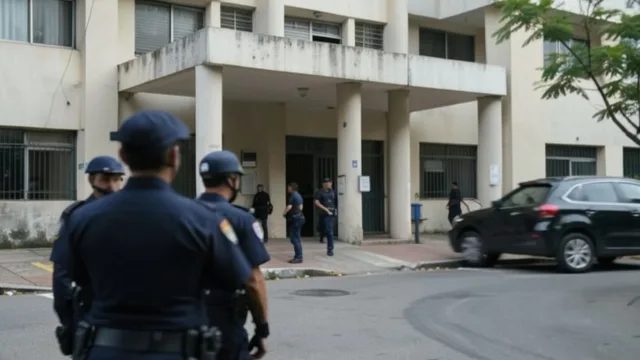 Imagem gerada por IA: Entrada de um prédio judicial em São Paulo, com agentes de segurança e um veículo ao fundo.