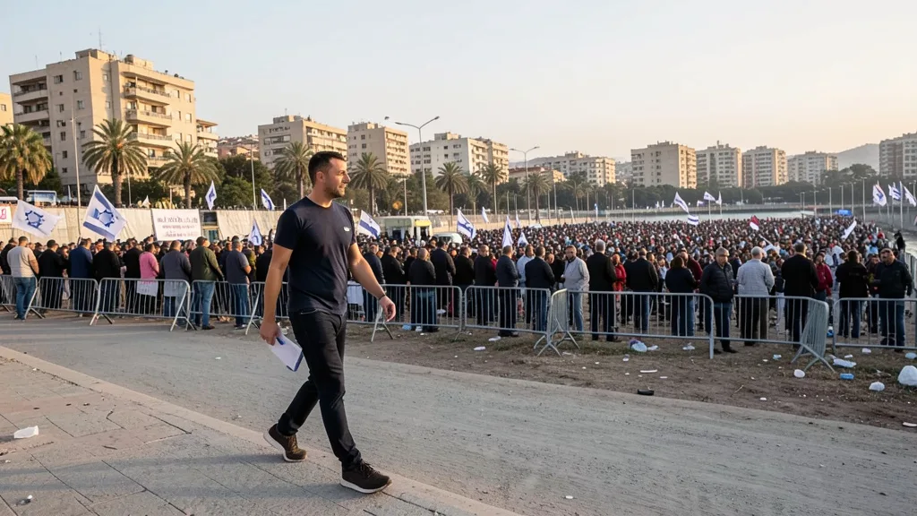 Imagem gerada por IA: Eleitor passa por uma área de campanha política em uma rua de Tel Aviv.