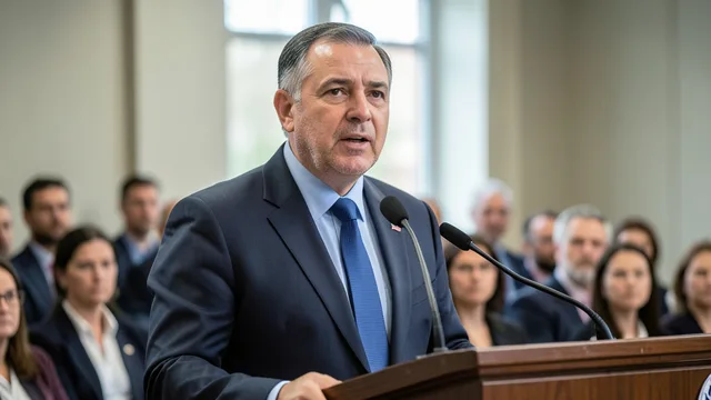 Imagem gerada por IA: Gadi Eisenkot fala em um evento público diante de uma plateia.