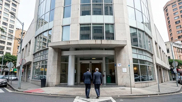 Fachada de um edifício institucional em São Paulo, com duas pessoas caminhando em direção à entrada.