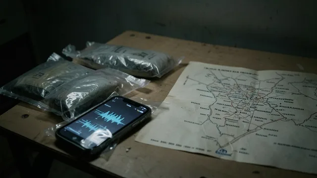 Imagem gerada por IA: Celular apreendido sobre uma mesa de evidências em uma sala de investigação policial.