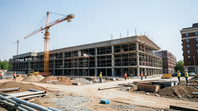 Canteiro de obras nos Estados Unidos com estrutura em construção, guindastes e trabalhadores ao fundo.