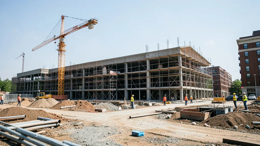 Canteiro de obras nos Estados Unidos com estrutura em construção, guindastes e trabalhadores ao fundo.
