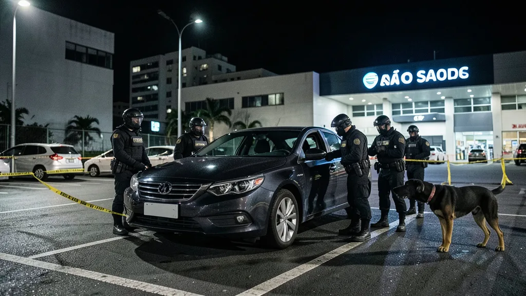 Imagem gerada por IA: Policiais e cão farejador verificam um carro isolado em estacionamento de estúdio de televisão.