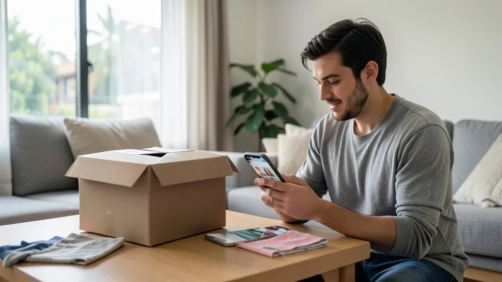 Imagem gerada por IA: Pessoa faz compras online pelo celular ao lado de uma encomenda em casa.