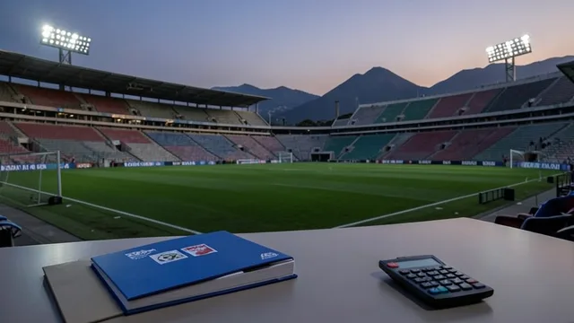 Imagem gerada por IA: Estádio de futebol vazio ao entardecer, com pastas e calculadora em primeiro plano.