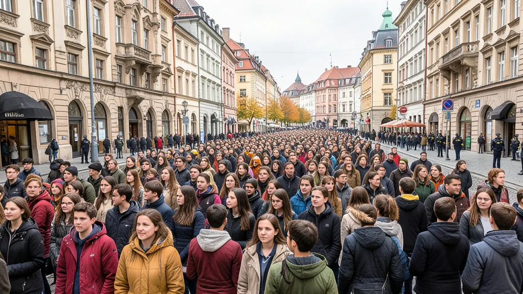 Imagem gerada por IA: Jovens participam de uma manifestação pacífica em uma rua de uma cidade alemã.