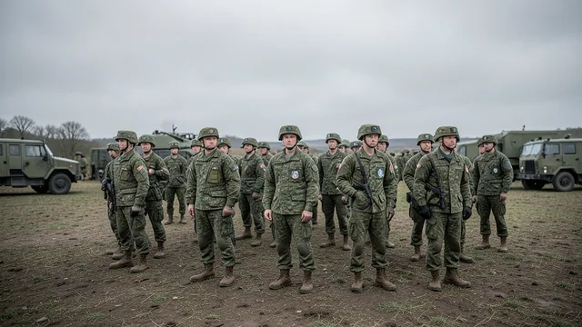 Imagem gerada por IA: Soldados britânicos em formação em um campo de treinamento.