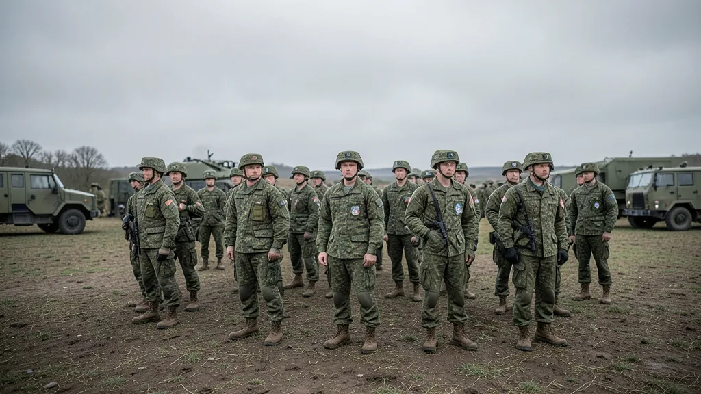 Imagem gerada por IA: Soldados britânicos em formação em um campo de treinamento.