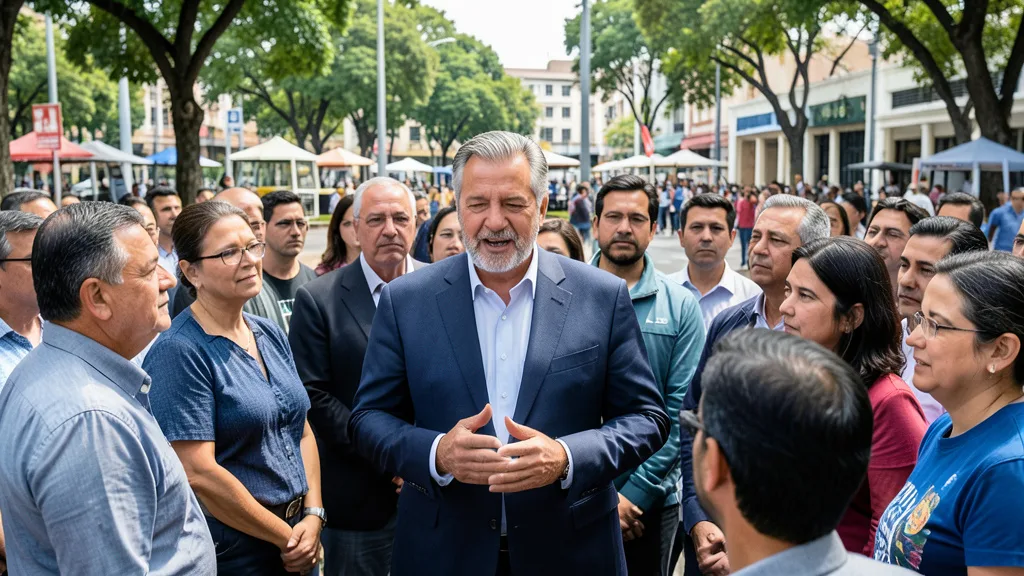 Imagem gerada por IA: Geraldo Alckmin conversa com participantes em um encontro público.