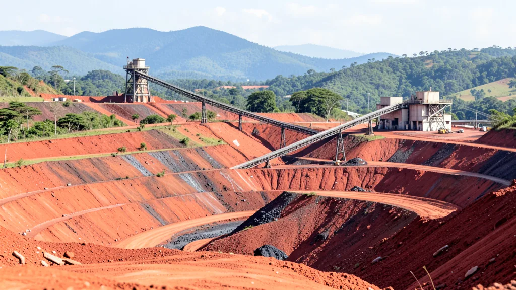Imagem gerada por IA: Vista de uma operação de mineração de minério de ferro em meio a encostas avermelhadas.