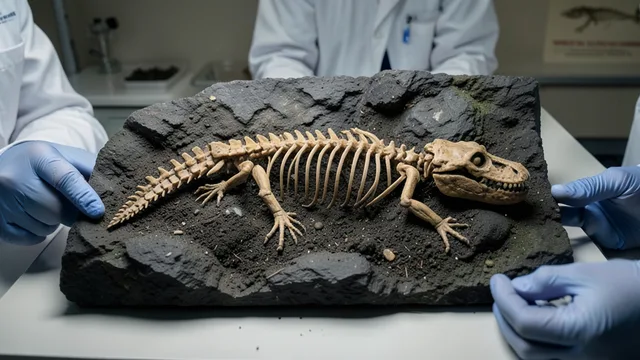 Imagem gerada por IA: Fóssil de anfíbio triássico preservado em rocha marinha, em um laboratório de paleontologia.