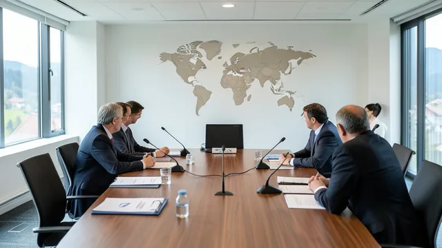 Imagem gerada por IA: Sala de reunião preparada para um encontro de dirigentes do futebol internacional.